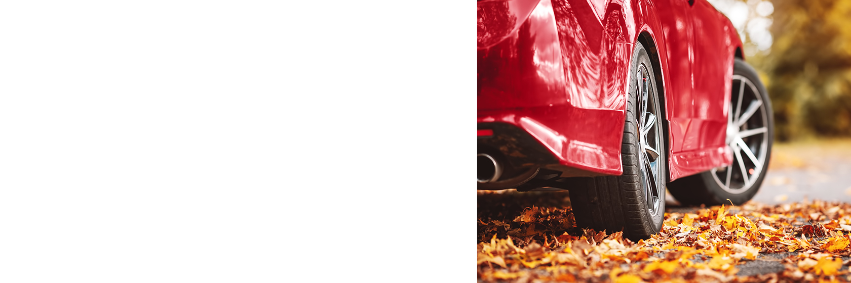Image of a red vehicle driving over autumn leaves