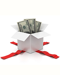 Image of a box of cash opened with its red ribbon on the floor
