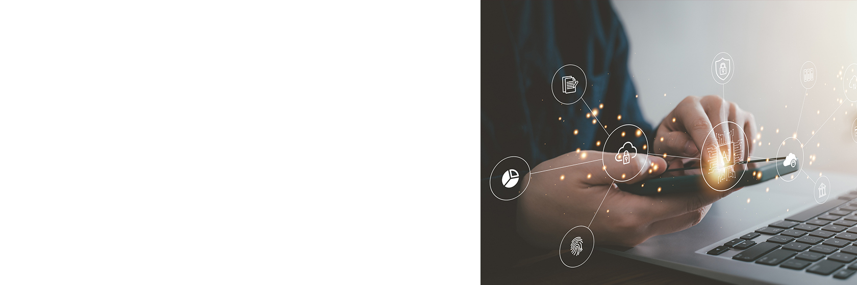 Image of person using a phone with symbols connecting to different applications and tools overlayed