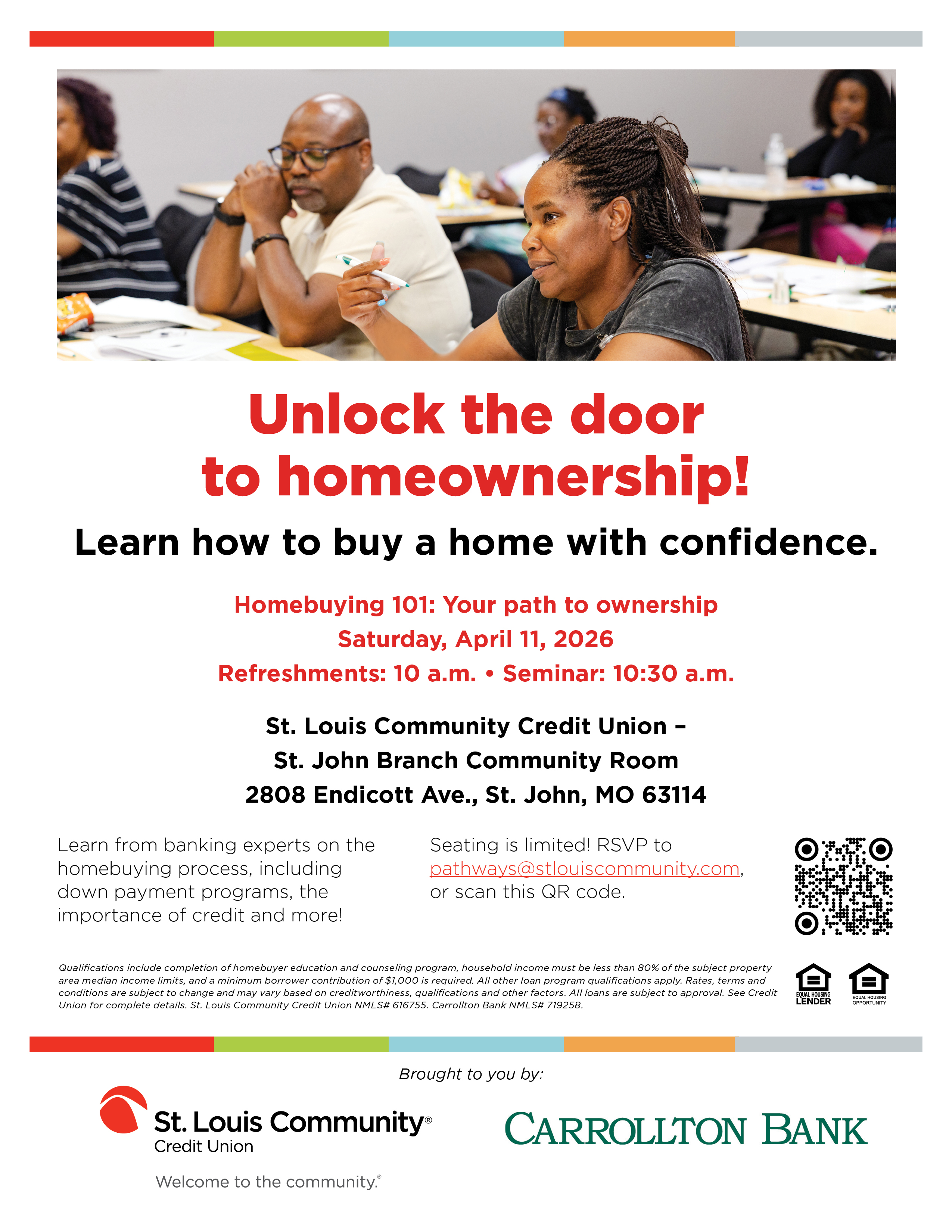 Image of a homebuyers flyer detailing a class happening on April 11th, 2026 at 10am. 2808 Endicott ave, St. John, Mo 63114