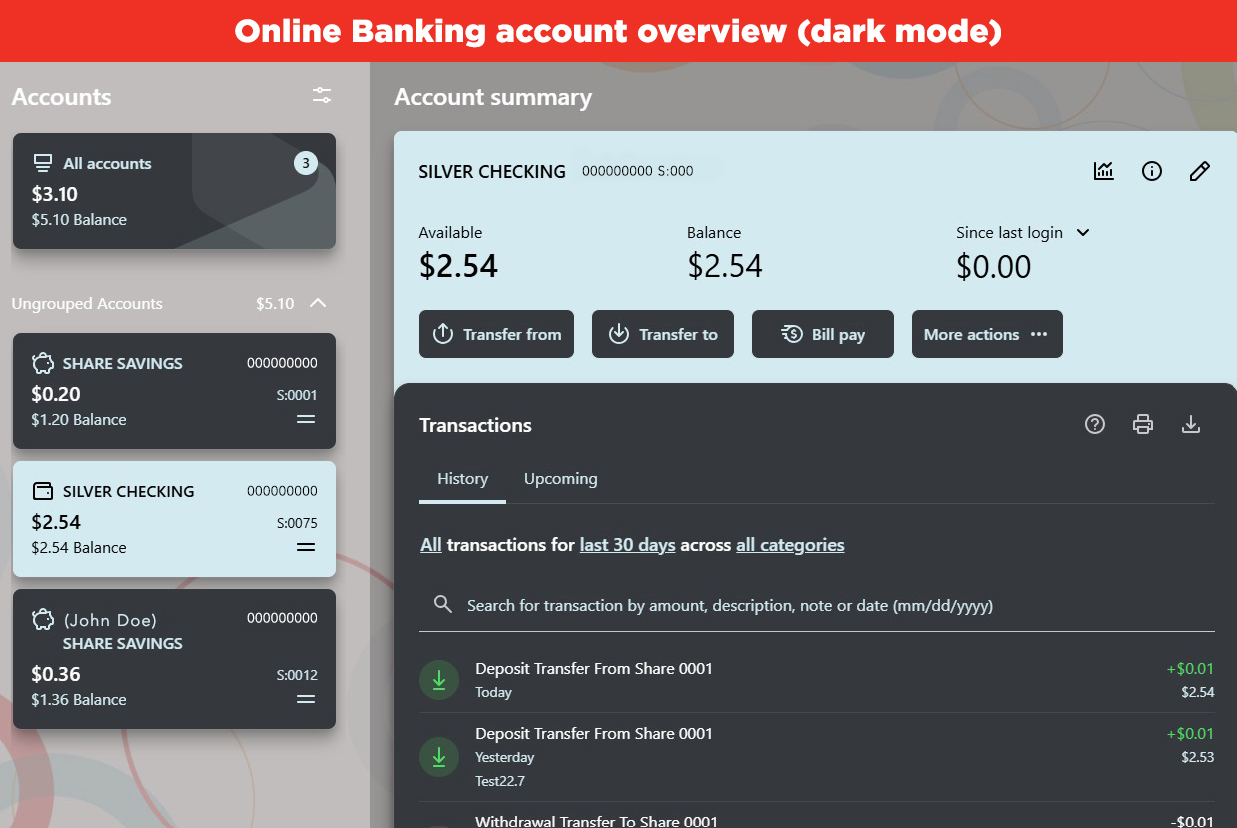 Image of the new Slccu online banking in dark mode