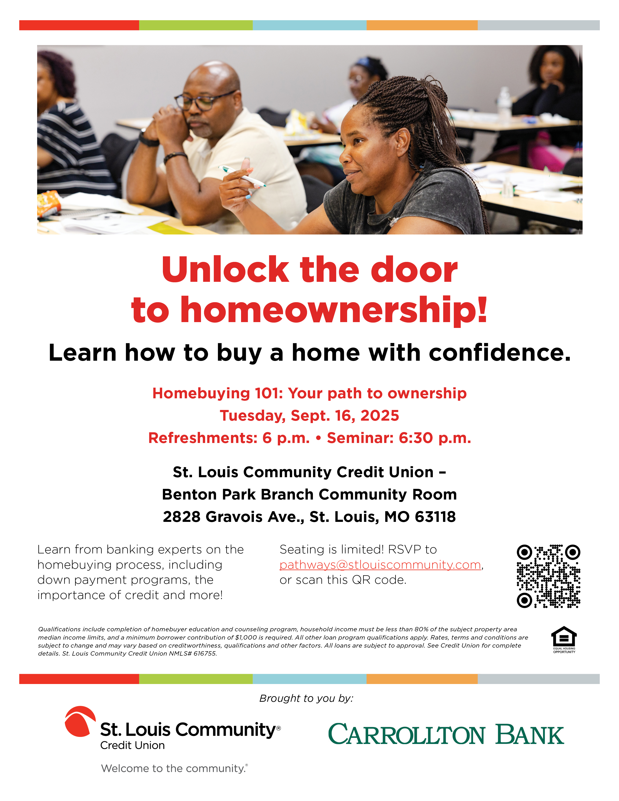 Image of adults in class with words "Unlock the door to homeownership" underneath. Tuesday sept 16th at 6:30pm