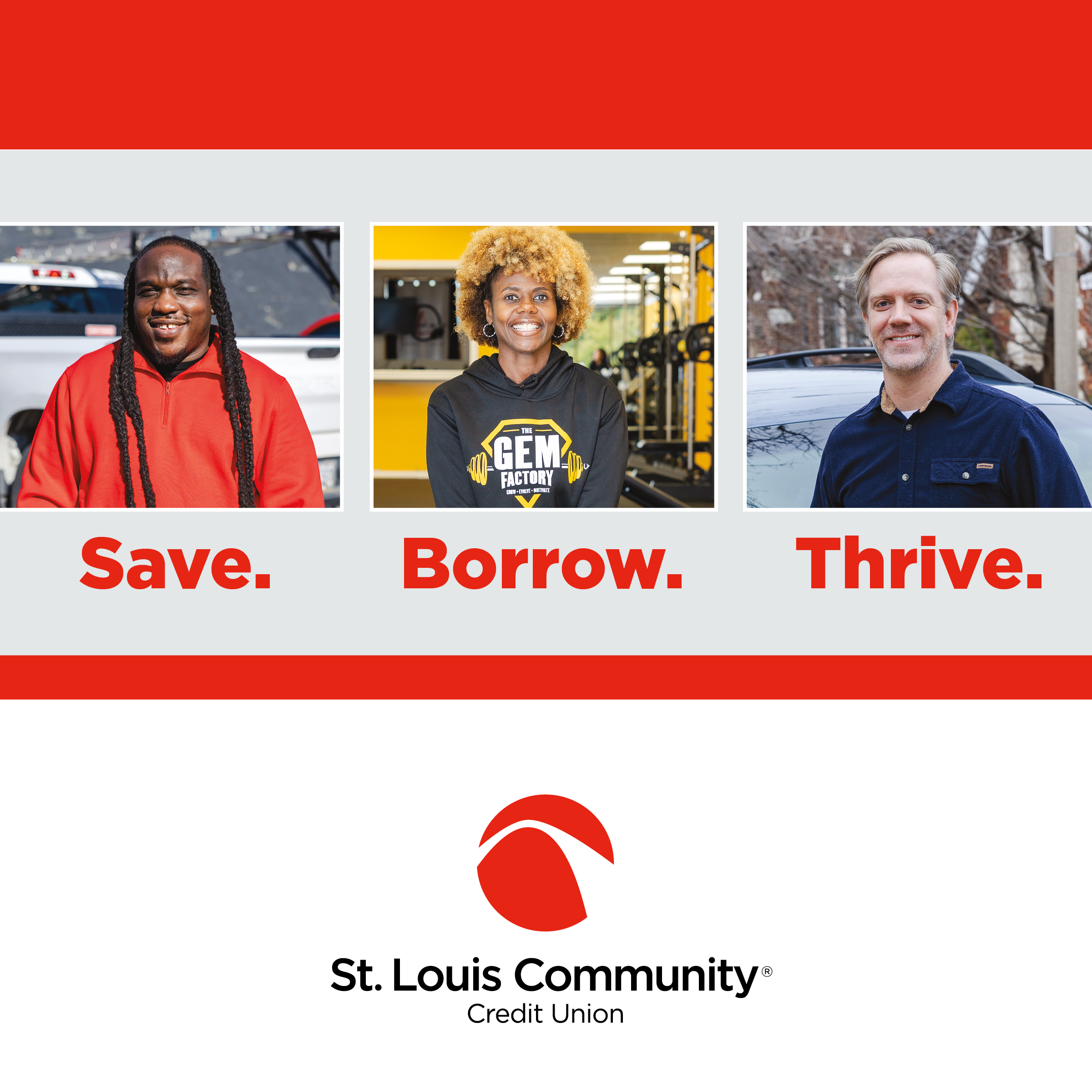 Image of three people smiling with the words Save. Borrow. Thrive beneath them.