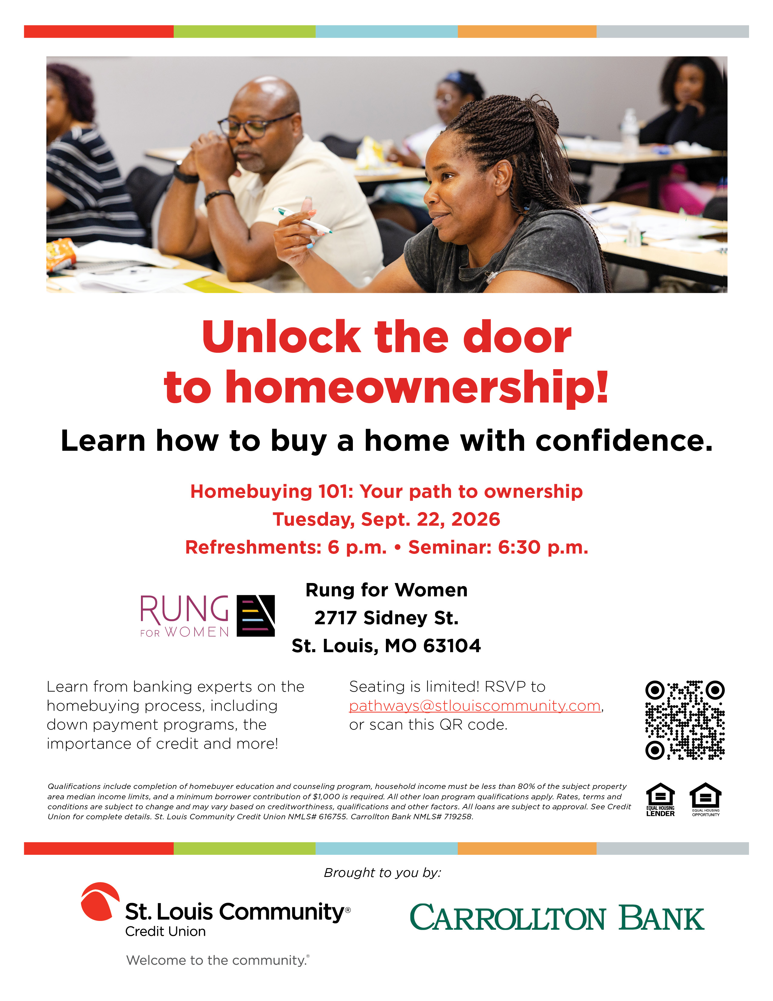 Home ownership seminar flyer, 9/22/2026 at 6pm at Rung for Women 2717 Sidney St. St. Louis, Mo 63104