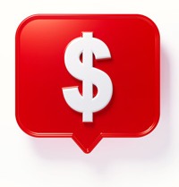 Red chat bubble icon with a white dollar sign in the middle.