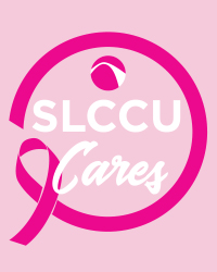 Pink ribbon forming a circle with SLCCU Cares text